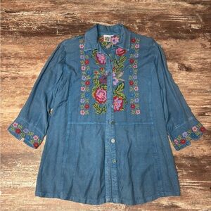 Parsley & Sage | VGUC Boho Embroider Cabincore Button-Up Denim Shirt, Large